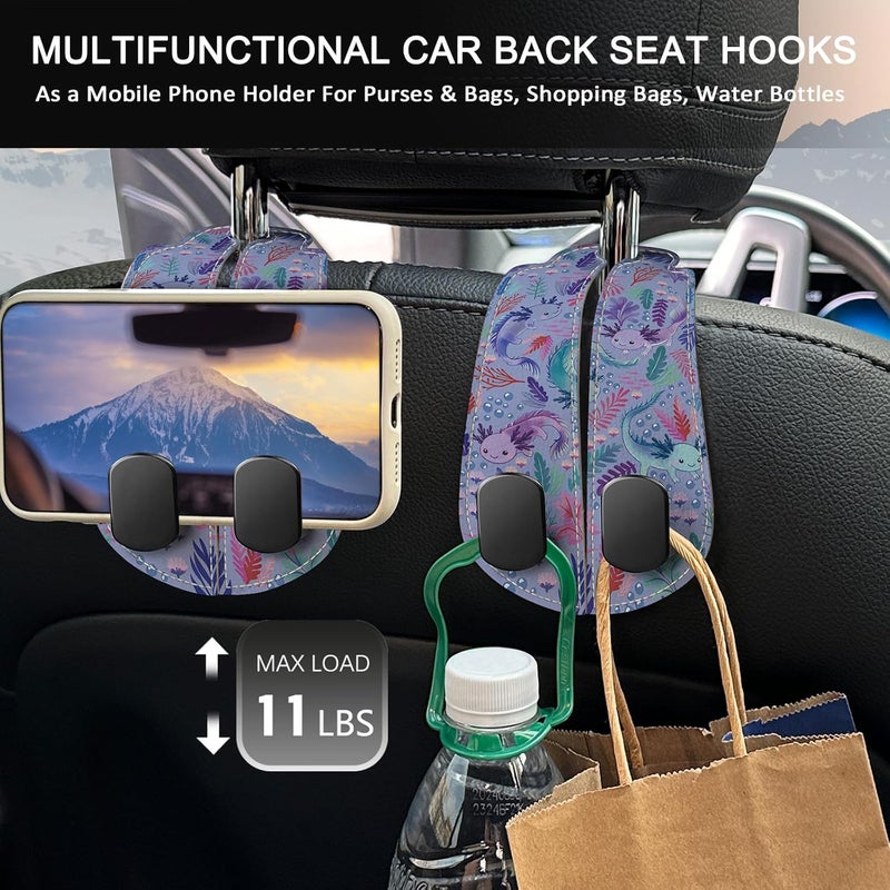 Blusabaca 2PCS Car Seat Back Storage Headrest Hooks, Cute Axolotl Purse Holder Bags Hanger, PU Leather Double Metal Hook for Backseat Organizer, Women Car Accessories Organization - Image 3
